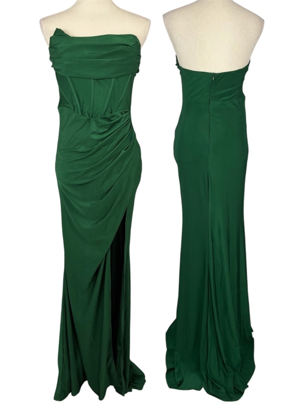 Emerald Bustier Gathered Gown NEW L Strapless Emerald Green High Slit Column